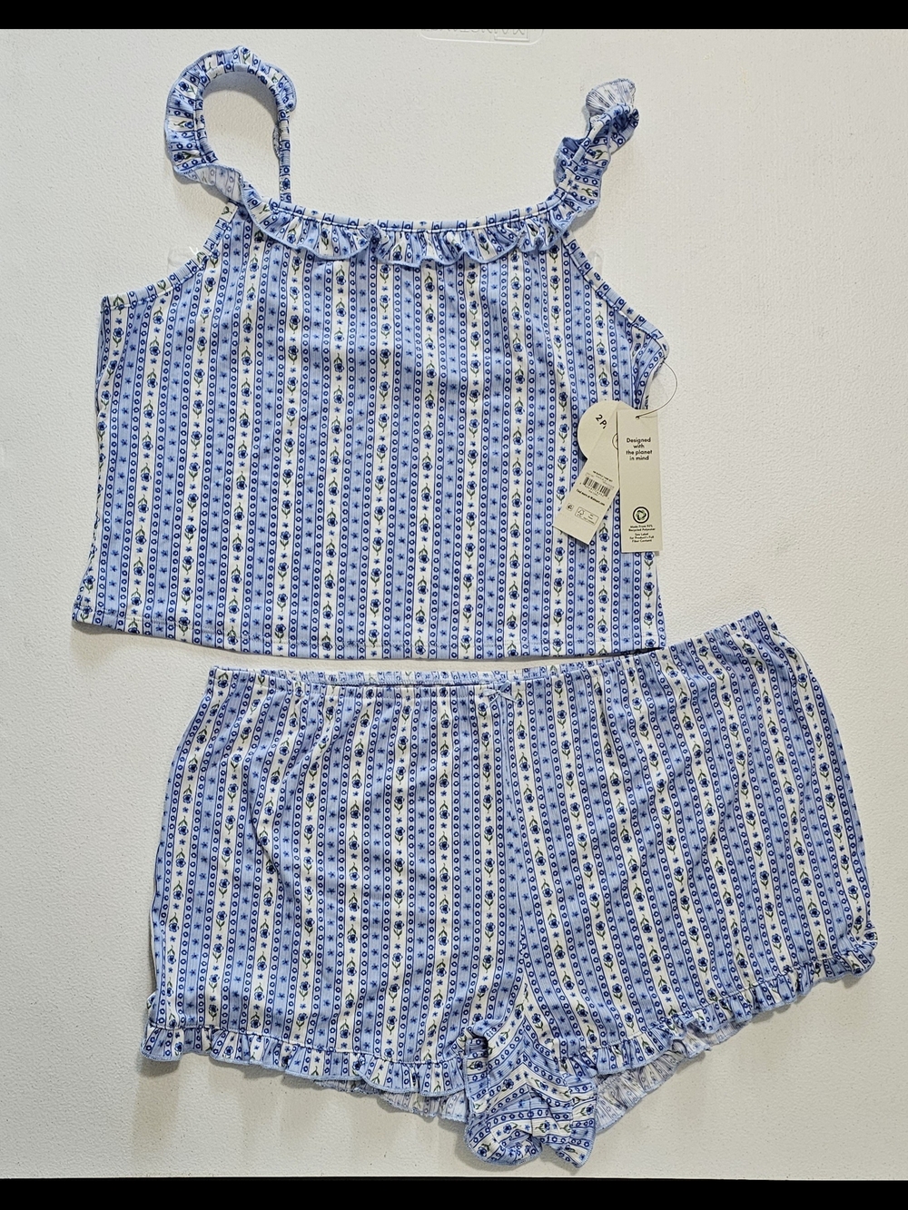 No Boundaries Blue & White Printed Ruffle Cami and Shorts Pajama Set